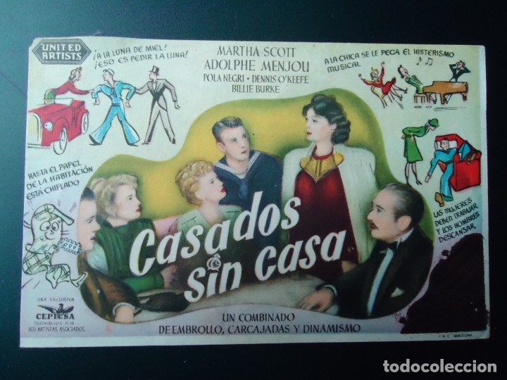 Folhetos de m&atilde;o de filmes antigos de cinema: CASADOS SIN CASA,  ADOLPHE MENJOU,  POLA NEGRI,  original inited artis, S/P.