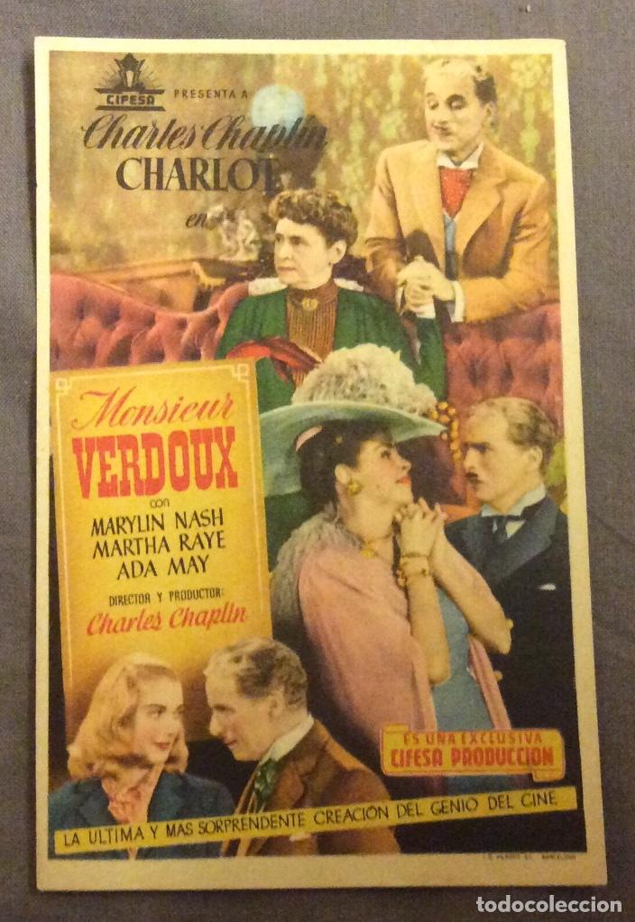 Folhetos de m&atilde;o de filmes antigos de cinema: FOLLETO DE MANO MONSIEUR VERDOUX. PUBLICIDAD ATENEO FAMILIAR.