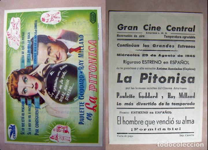 Cine: PROGRAMA DE CINE LA PITONISA 1945 PUBLICIDAD GRAN CINE CENTRAL - Foto 1
