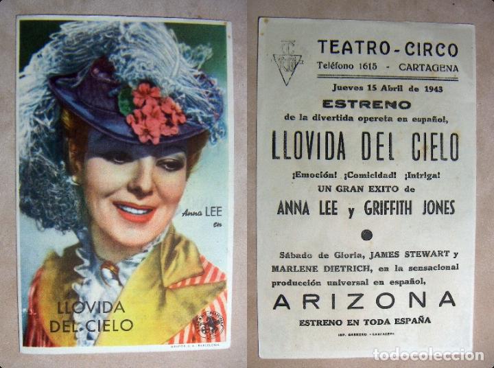 Folhetos de m&atilde;o de filmes antigos de cinema: PROGRAMA DE CINE LLOVIDA DEL CIELO 1943 PUBLICIDAD TEATRO CIRCO CARTAGENA