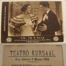 Cine: PROGRAMA TARJETA DE CINE YO TU Y ELLA 1934 PUBLICIDAD TEATRO KURSAAL ELCHE. Lote 142460850
