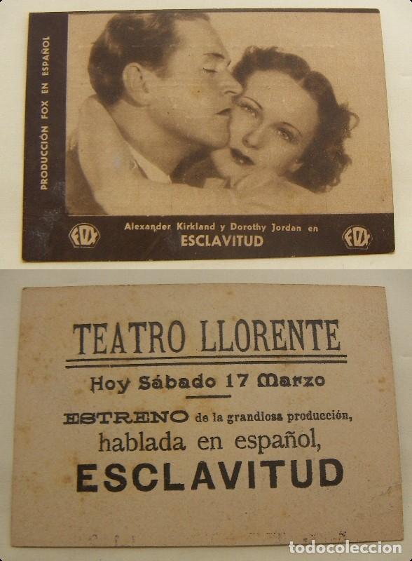 Cine: PROGRAMA TARJETA DE CINE ESCLAVITUD PUBLICIDAD TEATRO LLORENTE a&ntilde;os 30