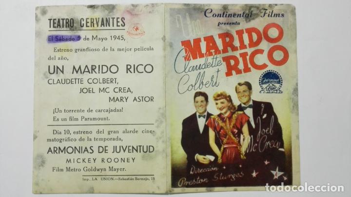 Kino: FOLLETO DE CINE DOBLE, UN MARIDO RIC0, ORIGINAL, PUBLICIDAD TEATRO CERVANTES, A&Ntilde;OS 40