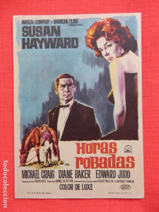 Folhetos de m&atilde;o de filmes antigos de cinema: horas robadas, impecable sencillo, susan hayward, con publi avenida Reus 1965