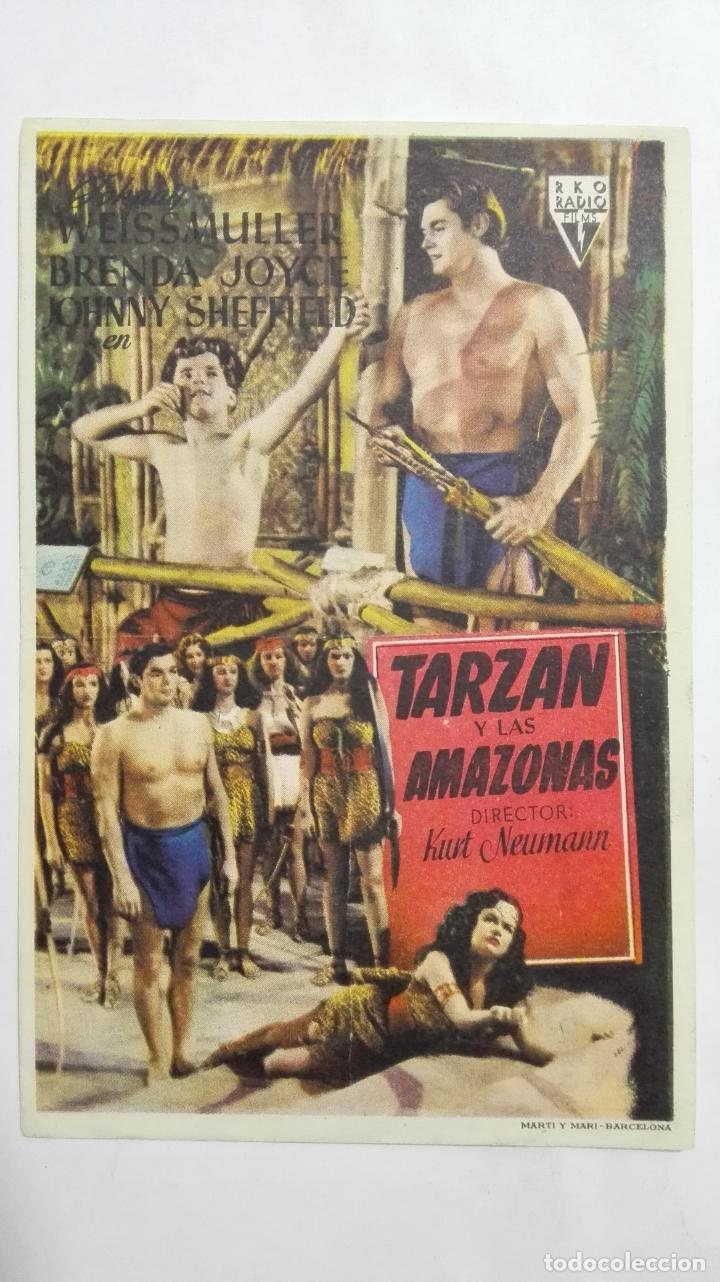 Folhetos de m&atilde;o de filmes antigos de cinema: PROGRAMA DE CINE, TARZAN Y LAS AMAZONAS, A&Ntilde;OS 50, PUBLICIDAD CINE TERRAZA NAVARRO, VILLAROBLEDO