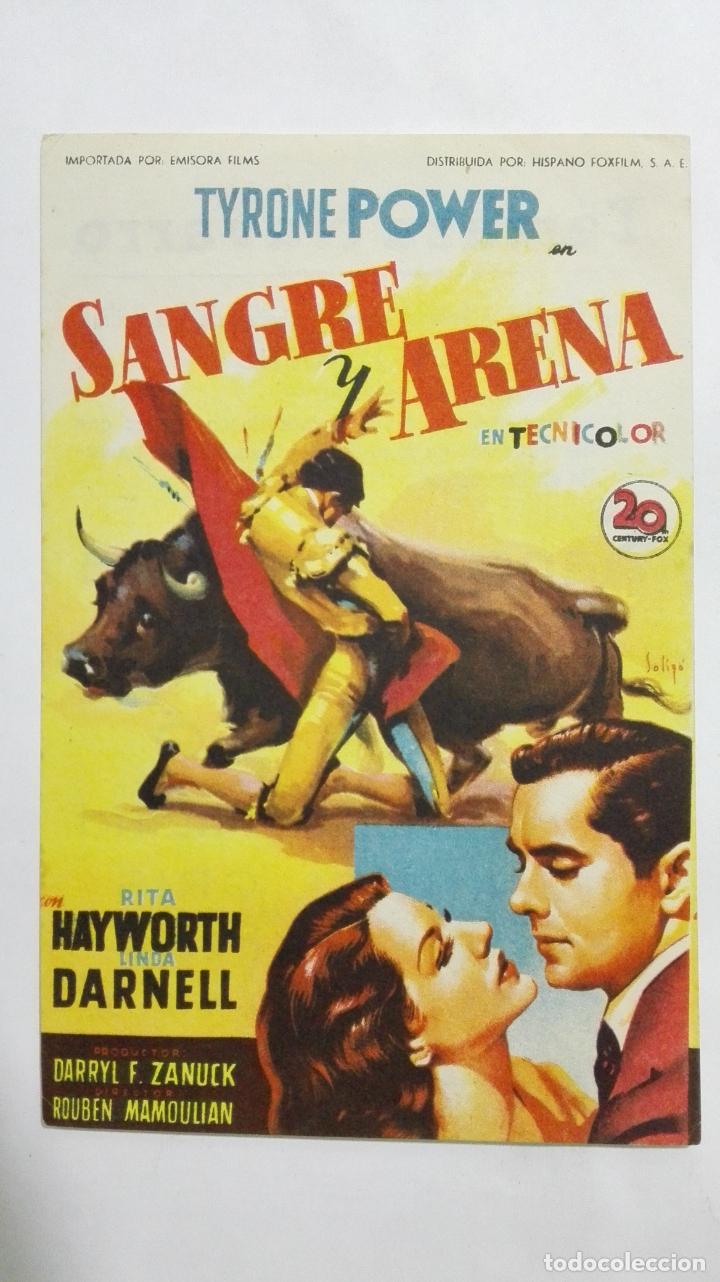 Folhetos de m&atilde;o de filmes antigos de cinema: PROGRAMA DE CINE, SANGRE Y ARENA, A&Ntilde;OS 40, PUBLICIDAD TERRAZA NAVARRO, VILLAROBLEDO