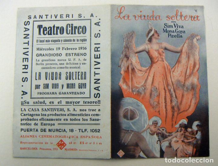 Cine: PROGRAMA DE CINE DOBLE LA VIUDA SOLTERA 1936 PUBLICIDAD TEATRO CIRCO - Foto 1