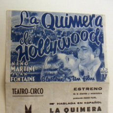 Cine: PROGRAMA DE CINE DOBLE LA QUIMERA DE HOLLYWOOD PUBLICIDAD TEATRO CIRCO. Lote 155291694