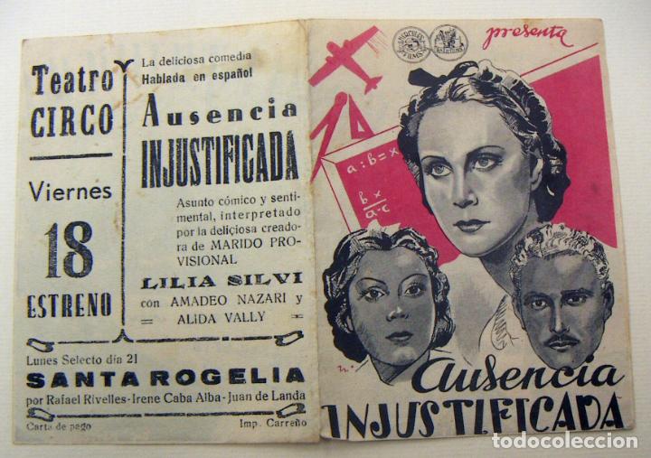 Cine: PROGRAMA DE CINE DOBLE AUSENCIA INJUSTIFICADA PUBLICIDAD TEATRO CIRCO