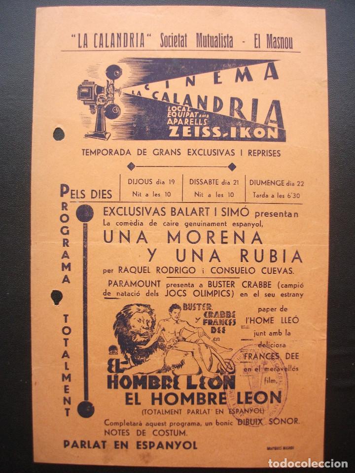  Flyers Publicitaires de films Anciens: EL HOMBRE LE&Oacute;N, BUSTER CRABBE, FOLLETO LOCAL DE LA CALANDRIA SOCIETAT MUTUALISTA DE EL MASNOU
