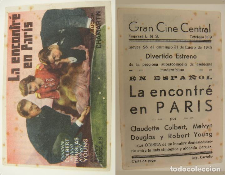  Flyers Publicitaires de films Anciens: PROGRAMA DE CINE LA ENCONTRE EN PARIS PUBLICIDAD GRAN CINE CENTRAL 1943 ORIGINAL