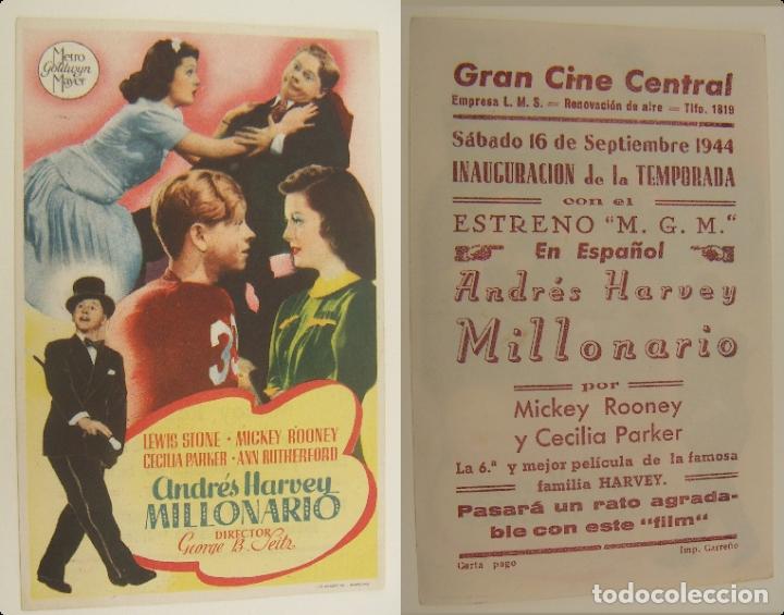  Flyers Publicitaires de films Anciens: PROGRAMA DE CINE ANDRES HARVEY MILLONARIO PUBLICIDAD GRAN CINE CENTRAL 1944 ORIGINAL