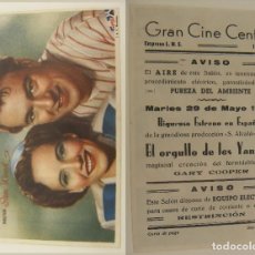 Cine: PROGRAMA DE CINE EL ORGULLO DE LOS YANQUIS PUBLICIDAD GRAN CINE CENTRAL 1945 ORIGINAL. Lote 160651590