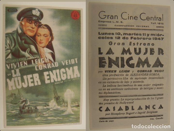 Kino: PROGRAMA DE CINE LA MUJER ENIGMA PUBLICIDAD GRAN CINE CENTRAL 1947 ORIGINAL