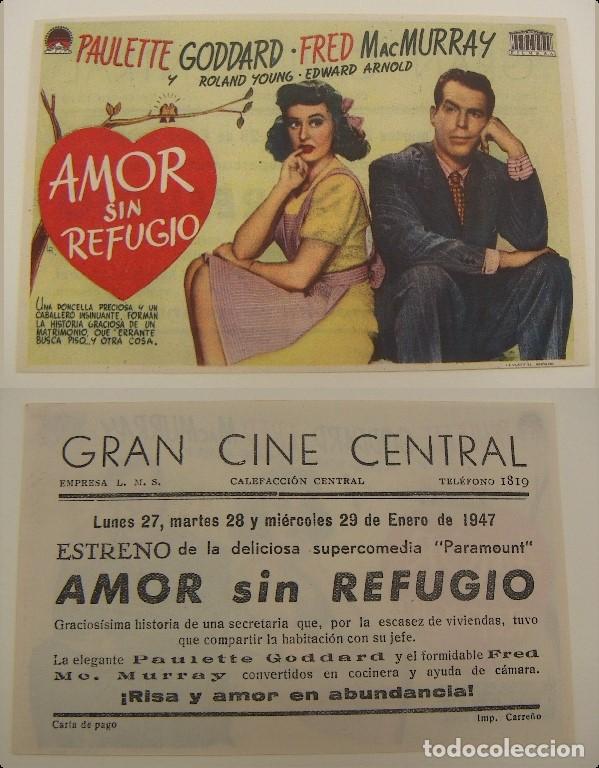 Folhetos de m&atilde;o de filmes antigos de cinema: PROGRAMA DE CINE AMOR SIN REFUGIO PUBLICIDAD GRAN CINE CENTRAL 1947 ORIGINAL