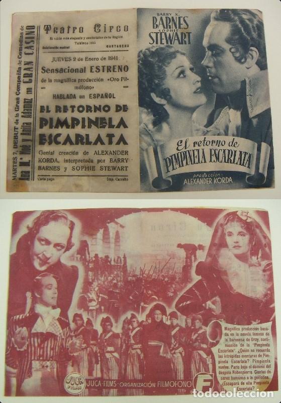  Foglietti di film di film antichi di cinema: PROGRAMA DE CINE DOBLE EL RETORNO DE PIMPINELA ESCARLATA PUBLICIDAD TEATRO CIRCO 1941 ORIGINAL