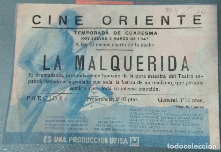 Cine: LA MALQUERIDA - 1941 - PROGRAMA DOBLE DE MANO CON PUBLICIDAD - Foto 2