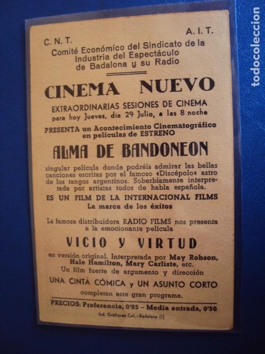 Folhetos de m&atilde;o de filmes antigos de cinema: (PG-190500)PROGRAMA DE CINE - ALMA DE BANDONEON - CINEMA NUEVO - C.N.T. A.I.T.
