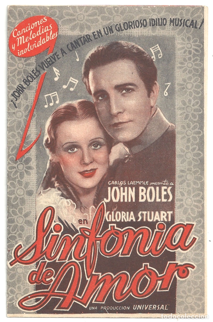 Cine: PTCC 039 SINFONIA DE AMOR PROGRAMA DOBLE UNIVERSAL JOHN BOLES GLORIA STUART - Foto 1