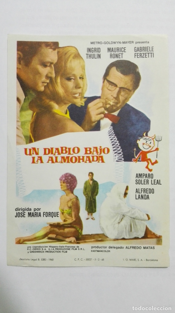Folhetos de m&atilde;o de filmes antigos de cinema: FOLLETO DE CINE, UN DIABLO BAJO LA ALMOHADA, A&Ntilde;OS 60, SIN PUBLICIDAD