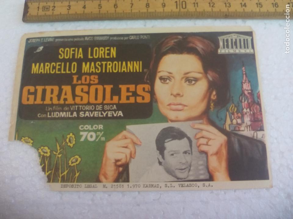 Cine: LOS GIRASOLES, SOFIA LOREN, MARCELO MASTROIANNI. 1970 Folleto de mano, programa de cine.