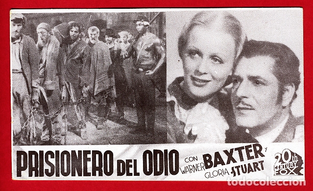 Cinema: PRISIONERO DEL ODIO , TARJETA 20 TH CENTURY FOX , CON CINE , GRAN VIA VALENCIA , ORIGINAL , PMD 645