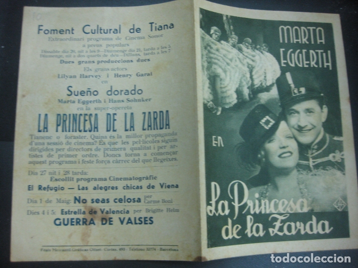 Cine: LA PRINCESA DE LA ZARDA. MARTA EGGERTH. PROGRAMA DE CINE . FOLLETO DE MANO. - Foto 1