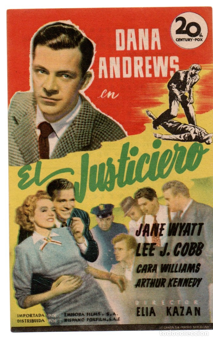  Flyers Publicitaires de films Anciens: EL JUSTICIERO - DANA ANDREWS, JANE WYATT, LEE J. COBB - ELIA KAZAN - CINE COOPERATIVA