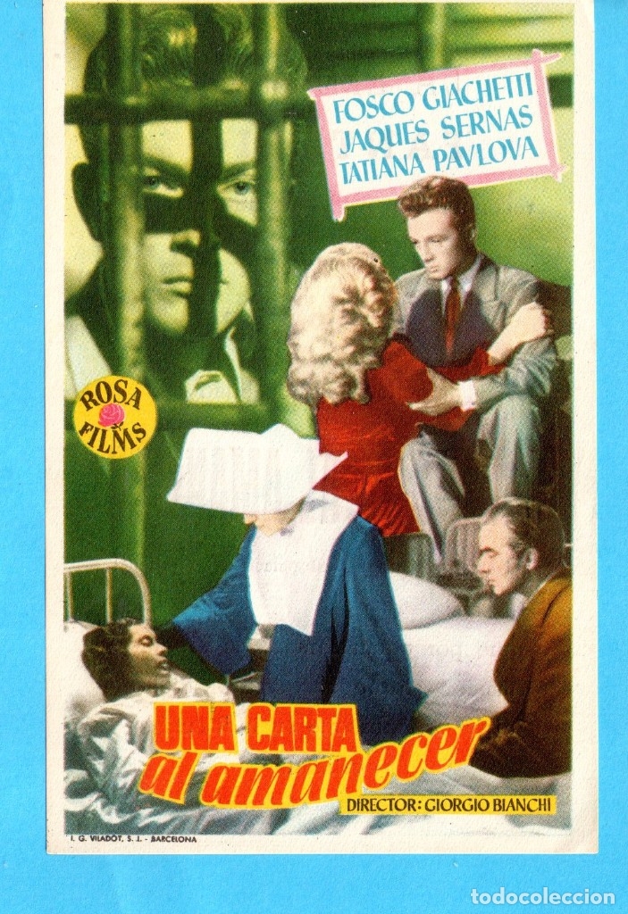 Folhetos de m&atilde;o de filmes antigos de cinema: CINE UNA CARTA AL AMANECER CON FOSCO GIACHETTI  PUBLICIDAD LA EMPRESA FANTASIO