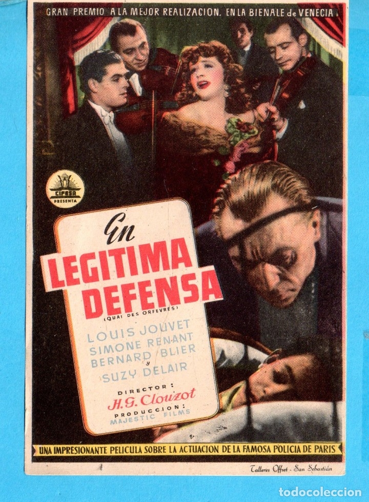 Folhetos de m&atilde;o de filmes antigos de cinema: CINE EL LEGITIMA DEFENSA  CON LOUIS JOUVET SIN PUBLICIDAD