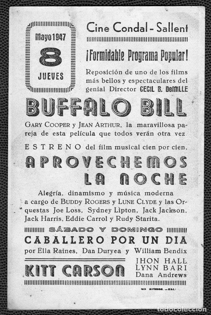 Cine: BUFFALO BILL - FOLLETO DE MANO (13,5 cm. x 8,8 cm) -ORIGINAL 1947- Publicidad en reverso - Foto 2 - 178337753