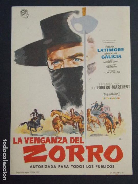 Cine: LA VENGANZA DEL ZORRO - A&Ntilde;O 1962 - FOLLETO - PROGRAMA CINE - DIBUJANTE JANO - ..L825