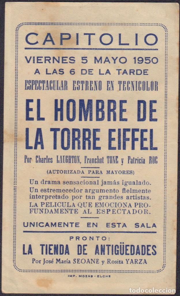 Cine: Programa sencillo de EL HOMBRE DE LA TORRE EIFFEL (1949) - Cine Capitolio de Elche - Foto 2