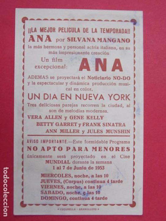 Cine: ANA - A&Ntilde;O 1953 - FOLLETO - PROGRAMA CINE MUNDIAL - GRANOLLERS...L913