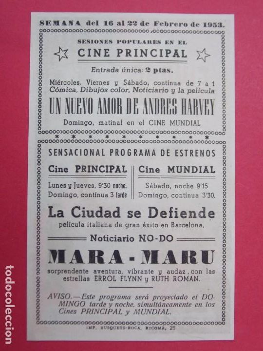 Cine: LA CIUDAD SE DEFIENDE - A&Ntilde;O 1953 - FOLLETO - PROGRAMA CINE PRINCIPAL Y MUNDIAL - GRANOLLERS...L914