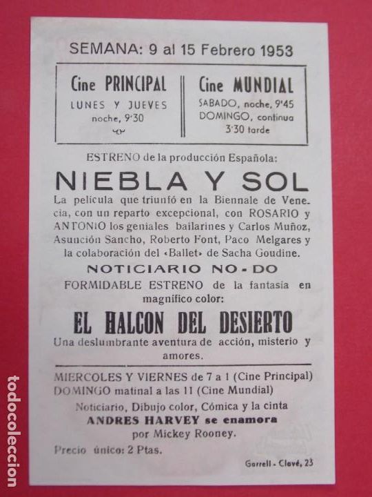 Cine: EL HALCON DEL DESIERTO - A&Ntilde;O 1953 - FOLLETO - PROGRAMA CINE PRINCIPAL Y MUNDIAL - GRANOLLERS...L918