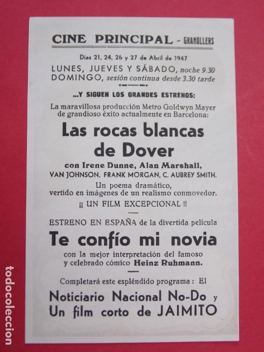 Cine: LAS ROCAS BLANCAS DE DOVER - A&Ntilde;O 1947 - FOLLETO - PROGRAMA CINE PRINCIPAL- GRANOLLERS...L926