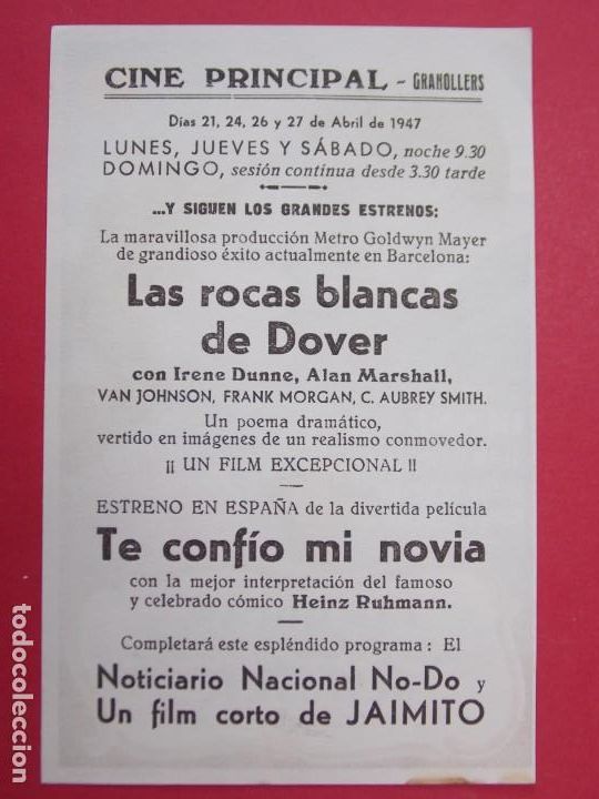  Foglietti di film di film antichi di cinema: LAS ROCAS BLANCAS DE DOVER - A&Ntilde;O 1947 - FOLLETO - PROGRAMA CINE PRINCIPAL- GRANOLLERS...L927