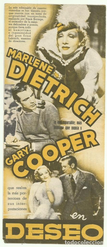 Cine: PTCC 047 DESEO PROGRAMA DOBLE PARAMOUNT azul GARY COOPER MARLENE DIETRICH A - Foto 1