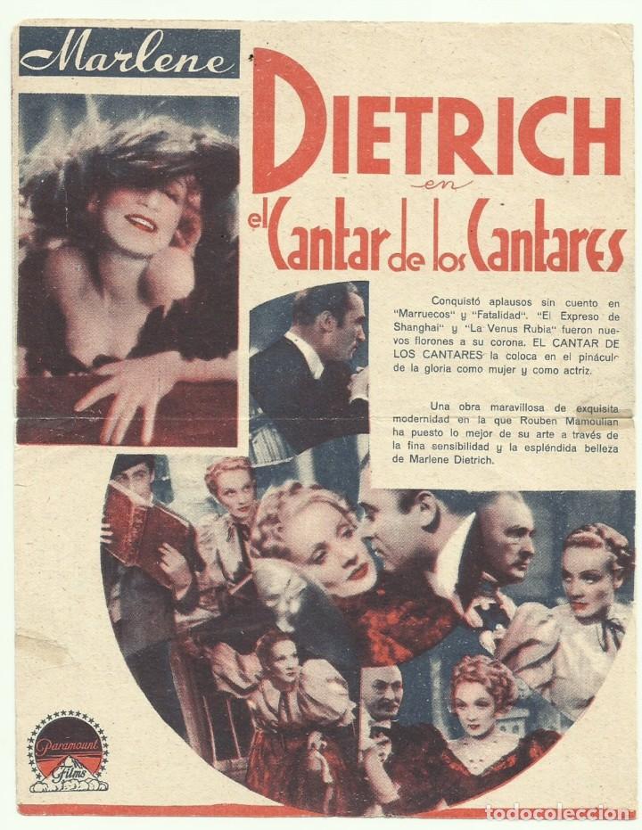 Cine: PTCC 049 EL CANTAR DE LOS CANTARES PROGRAMA DOBLE PARAMOUNT MARLENE DIETRICH DORSO EN CATALAN - Foto 1