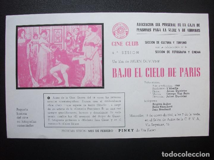 Cine: CINE CLUB ASOCIACI&Oacute;N DE LA CAJA DE PENSIONES PARA LA VEJEZ DE BARCELONA, BAJO EL CIELO DE PARIS