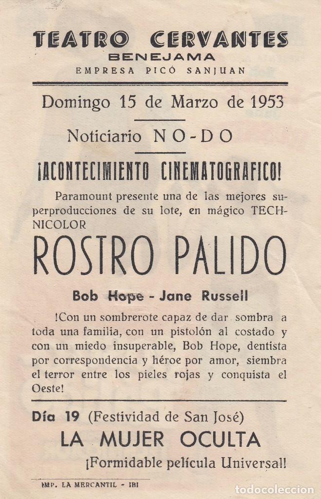 Cine: Programa sencillo de ROSTRO P&Aacute;LIDO (1948) - Teatro Cervantes de Beneixama - Foto 2