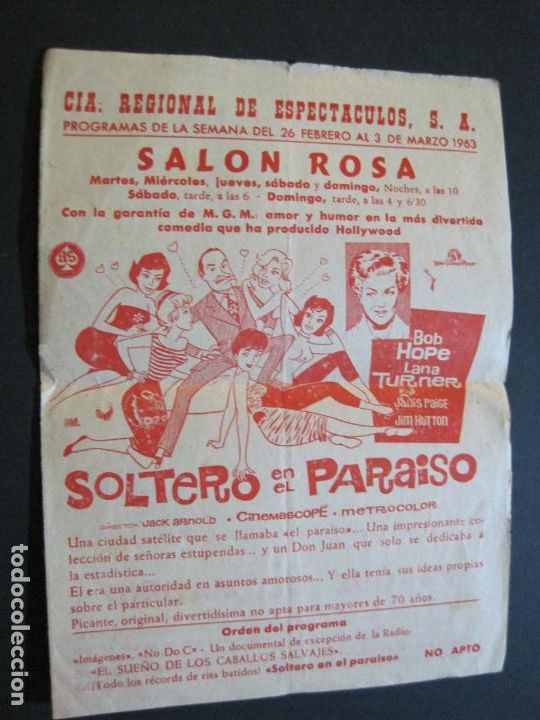 Cine: SOLTERO EN EL PARAISO-PROGRAMA CINE-SALON ROSA-A&Ntilde;O 1963-VER FOTOS-(V-21.315)