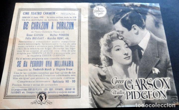 Cine: PROGRAMA DE CINE - DOBLE - DE CORAZ&Oacute;N A CORAZ&Oacute;N - CINE CARMEN - PALAM&Oacute;S - 1950 - Foto 1