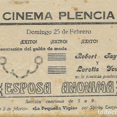 Cine: PROGRAMA DE MANO CINEMA PLENCIA. ROBERT TAYLOR, , LORETTA YOUNG, SHIRLEY TEMPLE. Lote 215845018