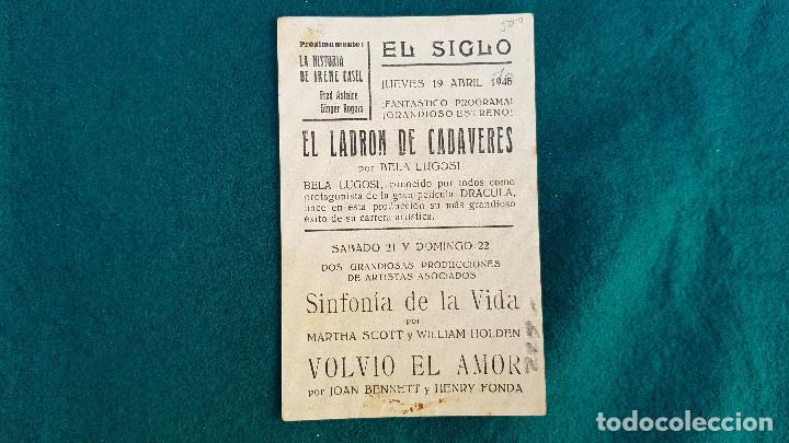 Cine: PROGRAMA DE MANO CINE EL LADRON DE CADAVERES (1945) CON CINE AL DORSO - Foto 2