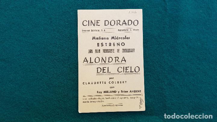 Cine: PROGRAMA DE MANO CINE ALONDRA DEL CIELO - CON CINE AL DORSO - Foto 2