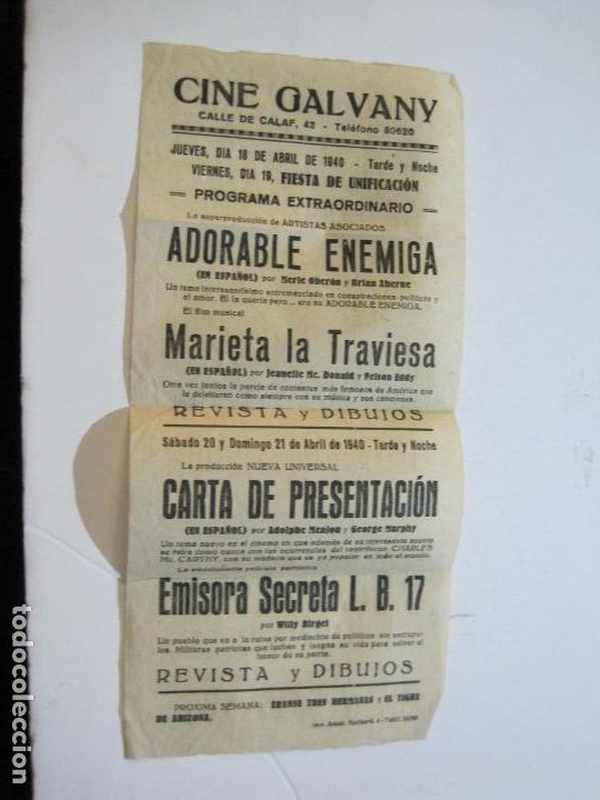 Cine: CINE GALVANY-PROGRAMA DE CINE ABRIL 1940-VER FOTOS-(74.242)