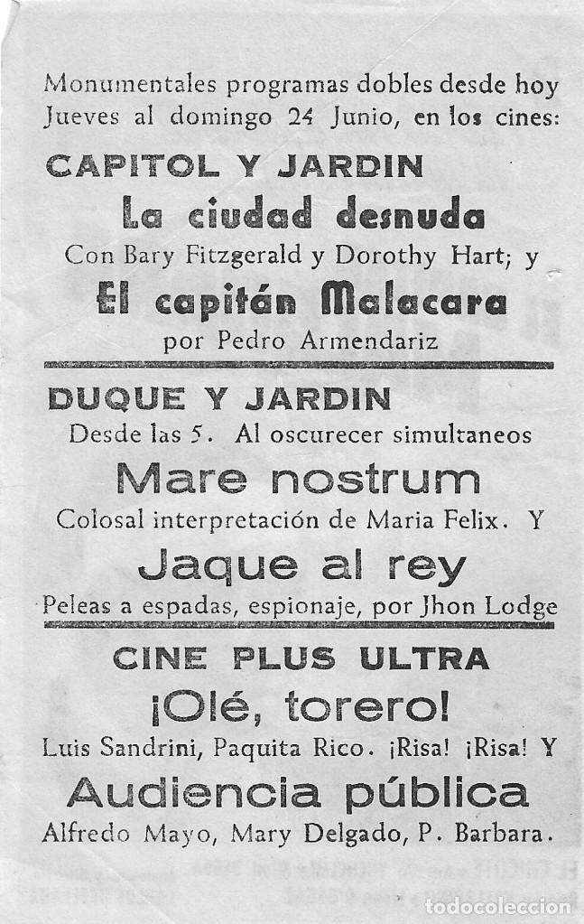 Cine: PN - PROGRAMA DE CINE - EL CAPIT&Aacute;N MALACARA - PEDRO ARMENDARIZ - CINE CAPITOL (M&aacute;laga) - 1945. - Foto 2