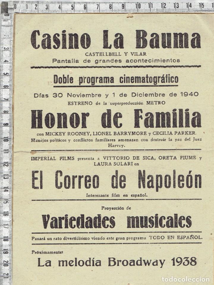 Kino: PUBLICIDAD PROGRAMA PELICULAS CASINO LA BAUMA CASTELLBELL Y VILAR 1940.